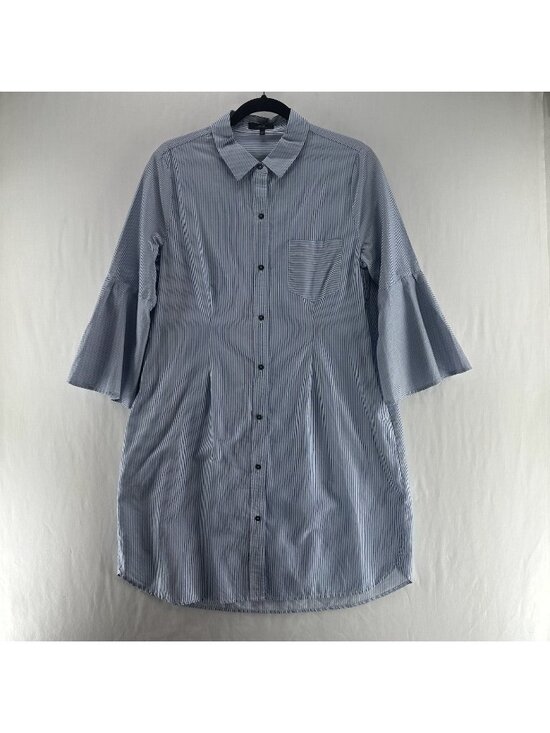 Joe's Jeans Dresses & Skirts - Joes Jeans Shirt Dress Women L Bell Sleeve Button Up Collared Striped Blue White